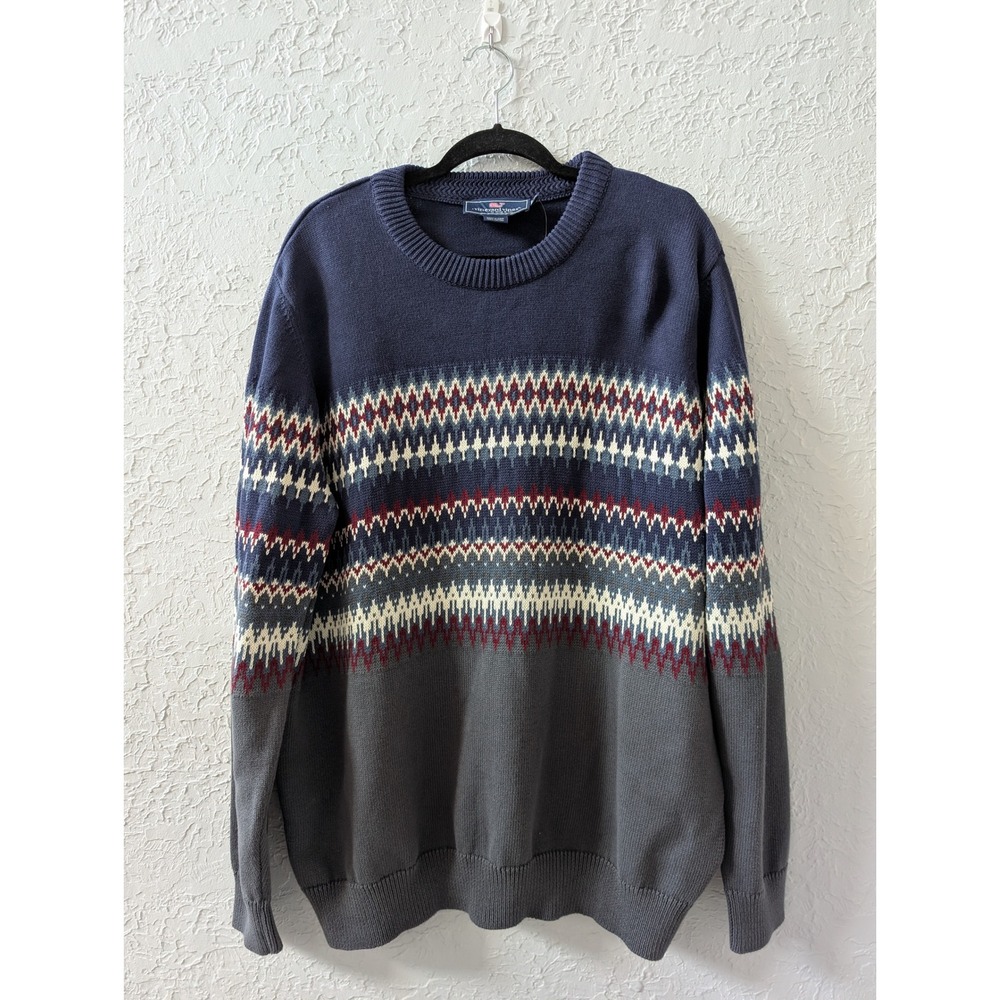 Vineyard Vines Sweater Mens XL 100% Cotton Navy Grey Fair Isle Crewneck Knit